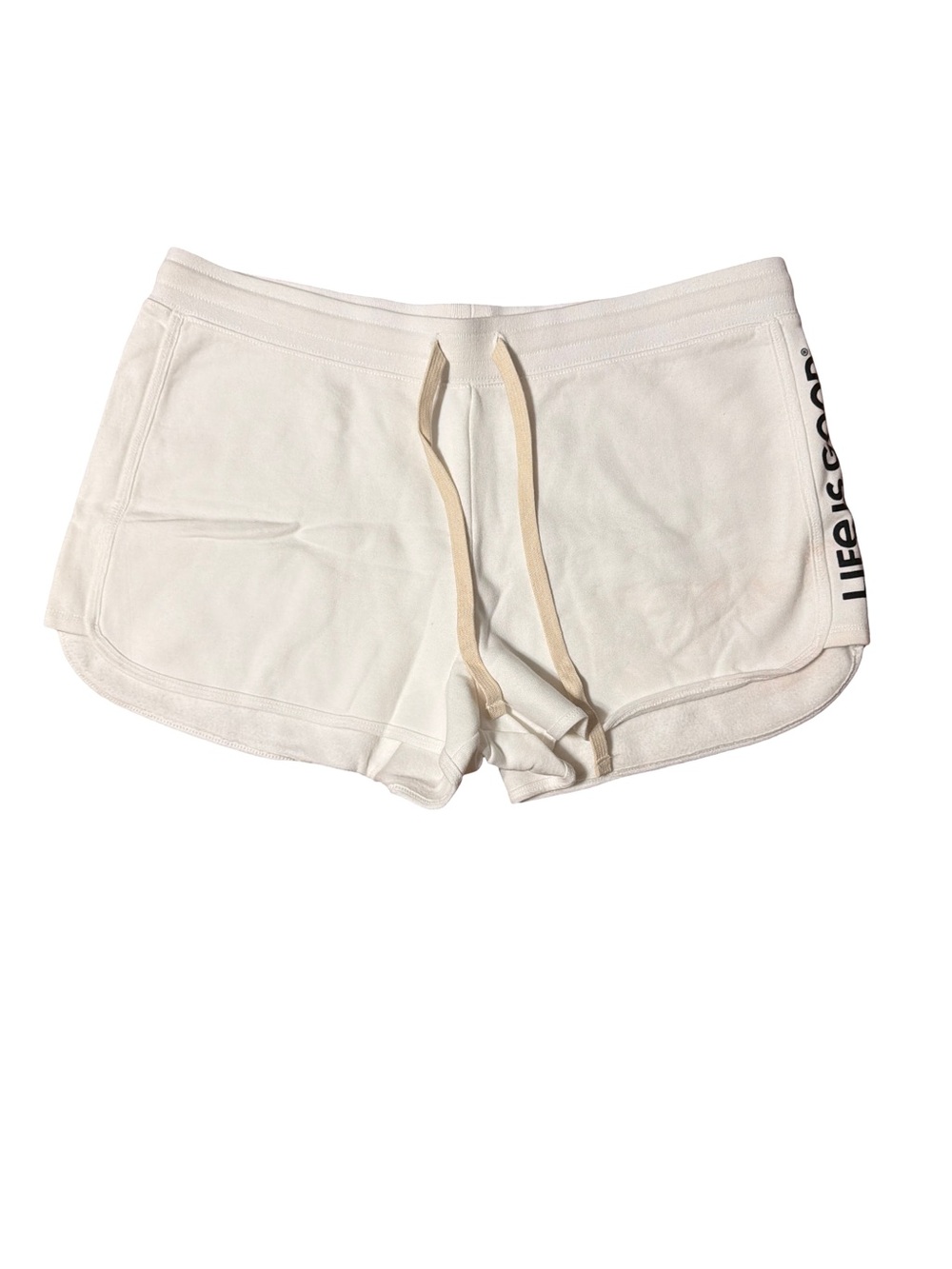 Life Is Good Women's Cream Drawstring Lounge Athletic Shorts with Side Logo